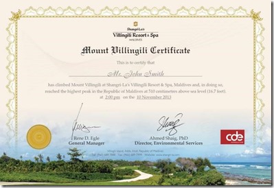 Shangri-La Mount Villingili certificate